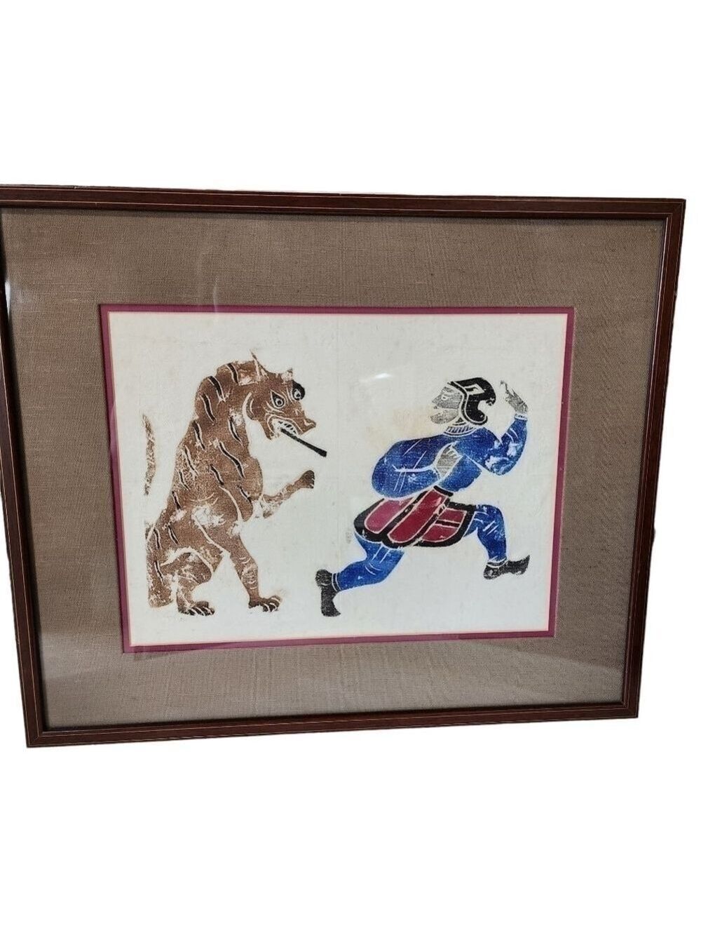 Chinese Temple stone rubbing Framed Art Lion chasing man